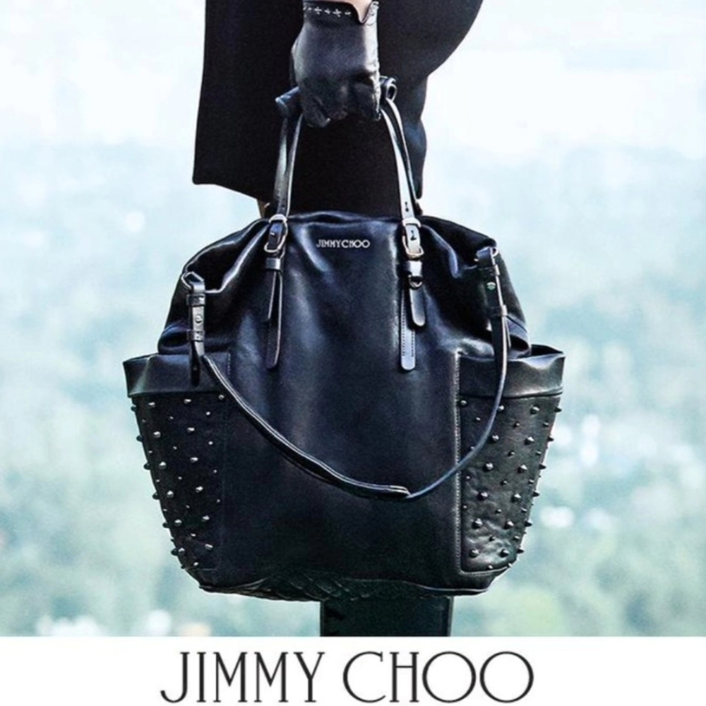 Jimmy Choo Blare Black Leather Studded Gunmetal Tote Handbag